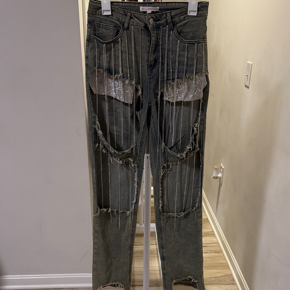 Hot & Delicious Distressed Gray Jeans with Silver Accents